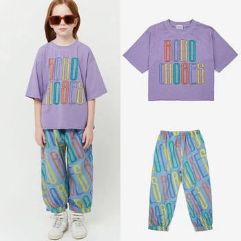 2023 Новые Летние футболки Bobo Kids, Джинсовый костюм Для мальчиков и девочек, Фиолетовый Детский костюм с полным принтом, Брючный костюм BC для отдыха и любви