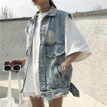 Корейские модные жилеты, однотонные джинсовые пальто без рукавов с отложным воротником и отверстиями, повседневная Свободная Винтажная универсальная Женская одежда 2023
