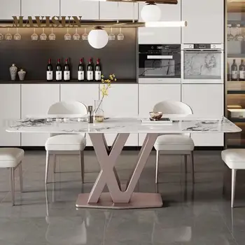 Модная кухонная мебель, прямоугольная столешница из каменной плиты, обеденный стол со стальной рамой, фиолетовый мраморный обеденный стол на 6 персон
