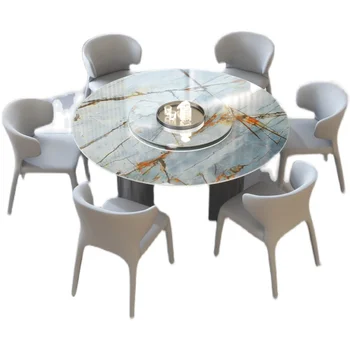 Сочетание итальянского обеденного стола и стула из каменной плиты, круглый стол из скандинавского мрамора, светлый роскошный современный семейный обеденный стол